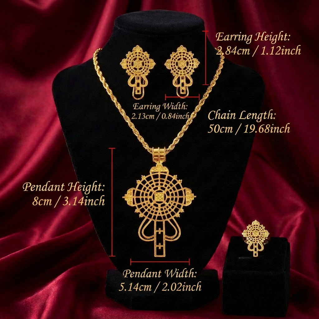 Heritage Circular Meskel Complete Ensemble – (የተዋሕዶ መስቀል፣ የጆሮ ጌጥ እና ቀለበት)