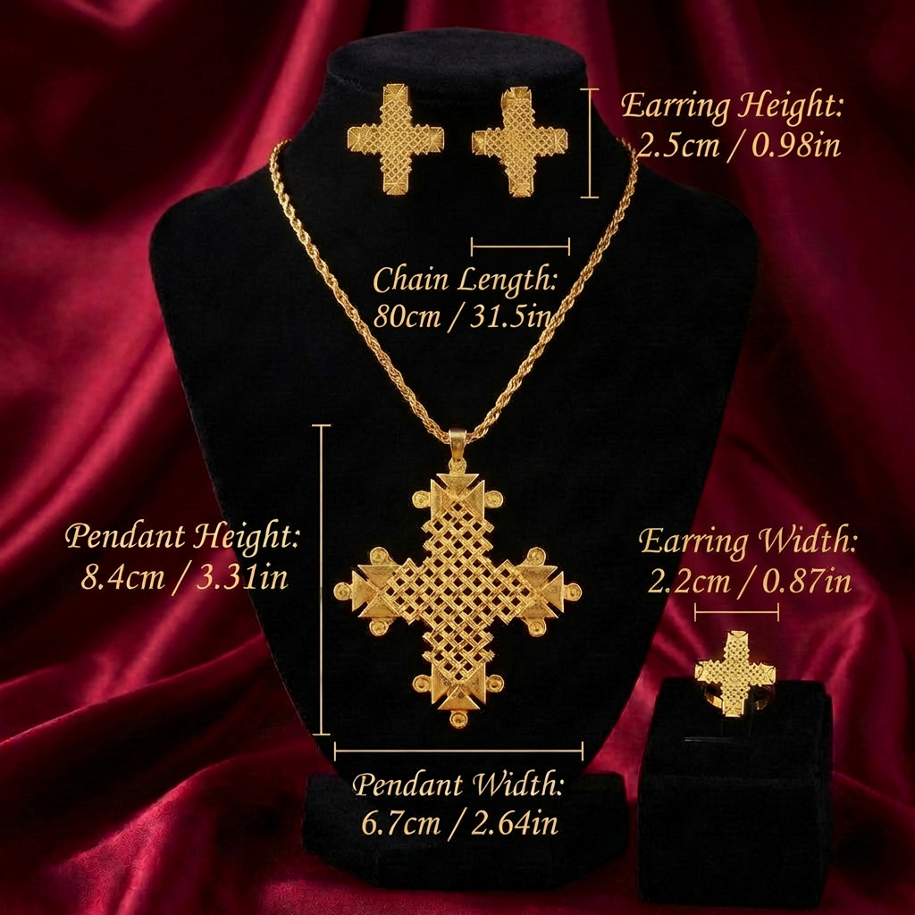 Regal Habesha Statement Cross Complete Set – (የተዋሕዶ መስቀል፣ የጆሮ ጌጥ እና ቀለበት)