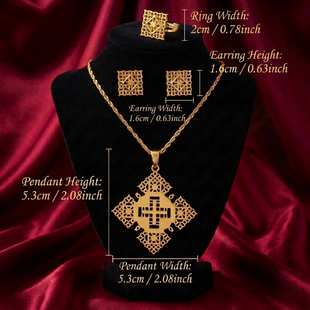 Classic Habesha Square Meskel Jewelry Set – (የተዋሕዶ መስቀል፣ የጆሮ ጌጥ እና ቀለበት)