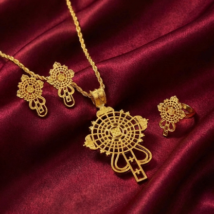 Heritage Circular Meskel Complete Ensemble – (የተዋሕዶ መስቀል፣ የጆሮ ጌጥ እና ቀለበት)