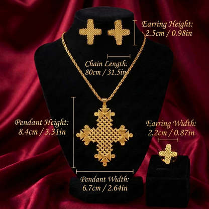 Regal Habesha Statement Cross Complete Set – (የተዋሕዶ መስቀል፣ የጆሮ ጌጥ እና ቀለበት)
