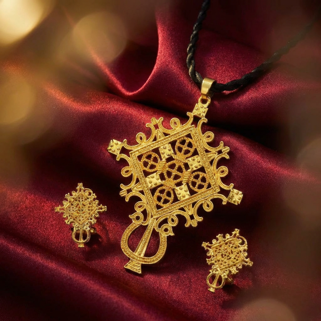 Traditional Ethiopian Orthodox Meskel, Earring & Ring Set – (የተዋሕዶ መስቀል፣ የጆሮ ጌጥ እና ቀለበት)