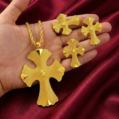 Grand Textured Meskel 3-Piece Jewelry Set – (የተዋሕዶ መስቀል፣ የጆሮ ጌጥ እና ቀለበት)