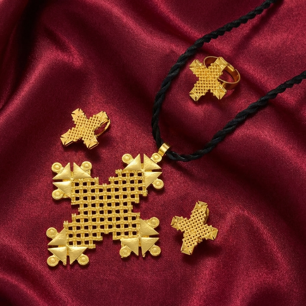 Regal Habesha Statement Cross Complete Set – (የተዋሕዶ መስቀል፣ የጆሮ ጌጥ እና ቀለበት)