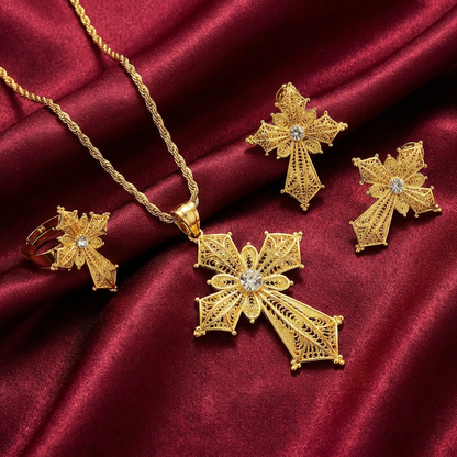 Ornate Crystal-Accent Meskel 3-Piece Set – (የተዋሕዶ መስቀል፣ የጆሮ ጌጥ እና ቀለበት)