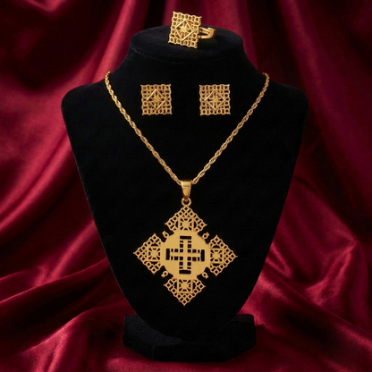 Classic Habesha Square Meskel Jewelry Set – (የተዋሕዶ መስቀል፣ የጆሮ ጌጥ እና ቀለበት)