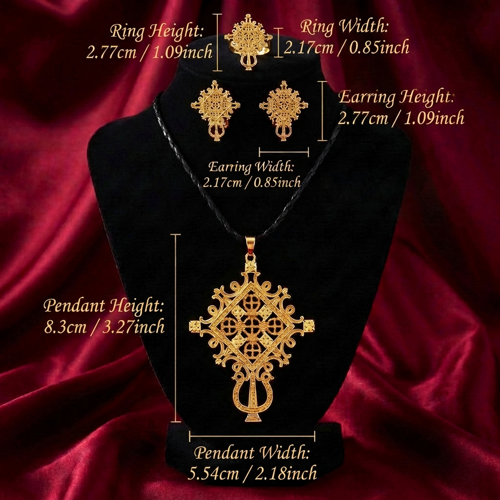 Traditional Ethiopian Orthodox Meskel, Earring & Ring Set – (የተዋሕዶ መስቀል፣ የጆሮ ጌጥ እና ቀለበት)