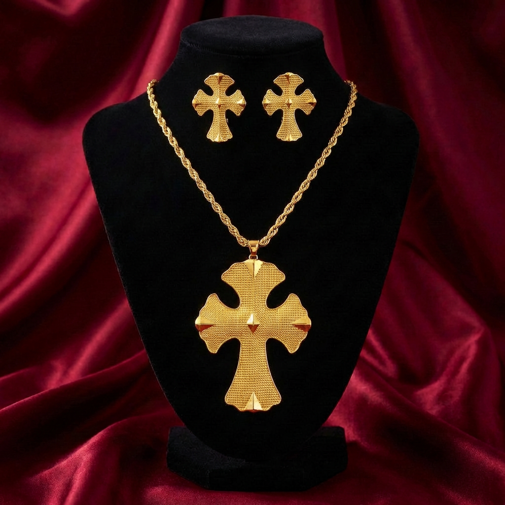 Grand Textured Meskel 3-Piece Jewelry Set – (የተዋሕዶ መስቀል፣ የጆሮ ጌጥ እና ቀለበት)