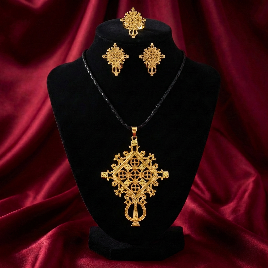 Traditional Ethiopian Orthodox Meskel, Earring & Ring Set – (የተዋሕዶ መስቀል፣ የጆሮ ጌጥ እና ቀለበት)