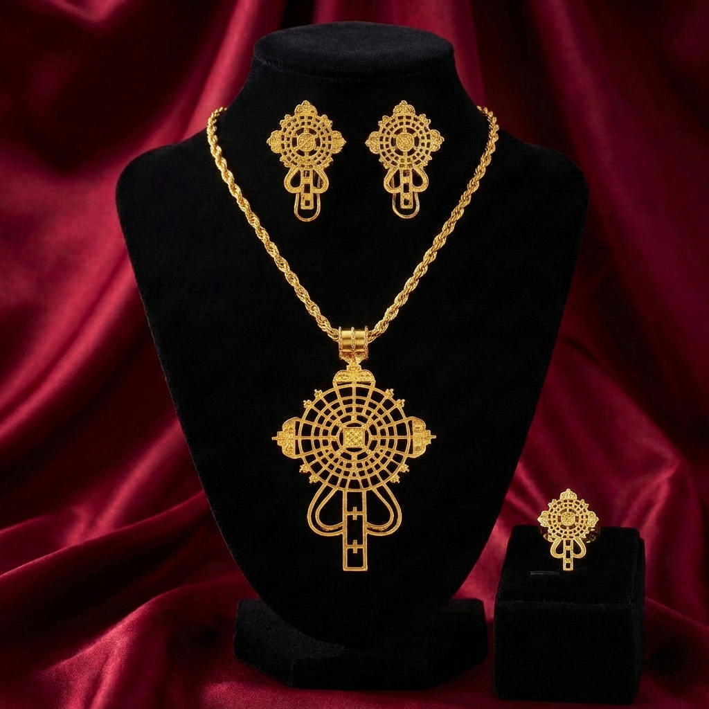 Heritage Circular Meskel Complete Ensemble – (የተዋሕዶ መስቀል፣ የጆሮ ጌጥ እና ቀለበት)