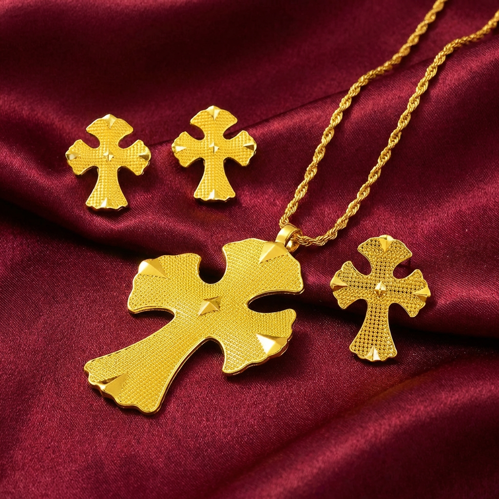 Grand Textured Meskel 3-Piece Jewelry Set – (የተዋሕዶ መስቀል፣ የጆሮ ጌጥ እና ቀለበት)