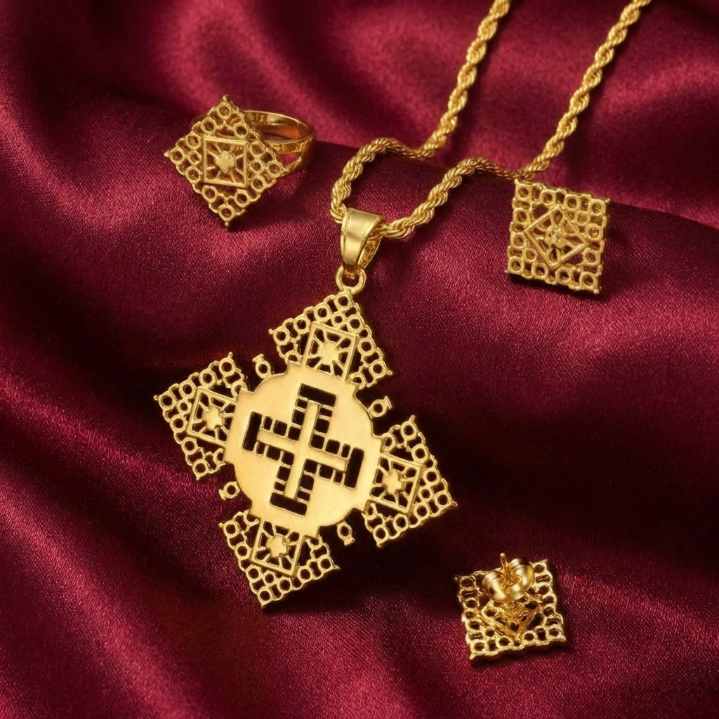 Classic Habesha Square Meskel Jewelry Set – (የተዋሕዶ መስቀል፣ የጆሮ ጌጥ እና ቀለበት)