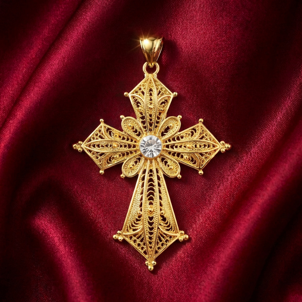 Ornate Crystal-Accent Meskel 3-Piece Set – (የተዋሕዶ መስቀል፣ የጆሮ ጌጥ እና ቀለበት)