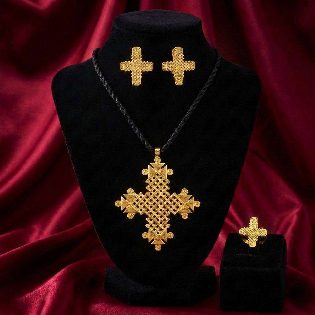 Regal Habesha Statement Cross Complete Set – (የተዋሕዶ መስቀል፣ የጆሮ ጌጥ እና ቀለበት)
