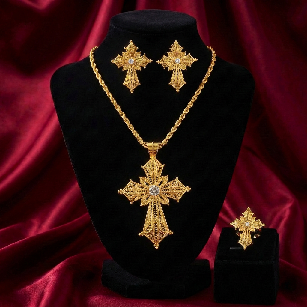 Ornate Crystal-Accent Meskel 3-Piece Set – (የተዋሕዶ መስቀል፣ የጆሮ ጌጥ እና ቀለበት)