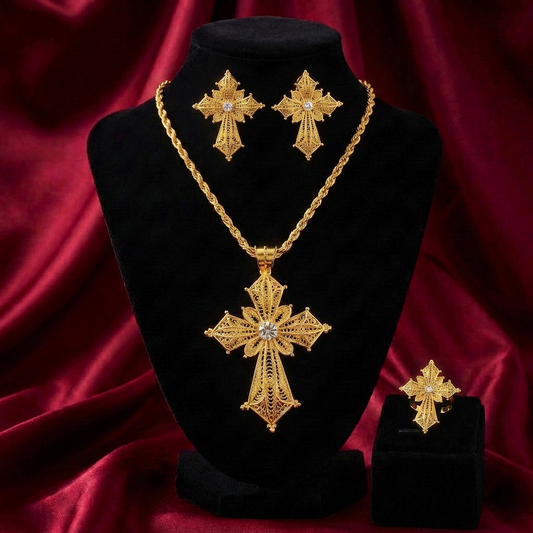 Ornate Crystal-Accent Meskel 3-Piece Set – (የተዋሕዶ መስቀል፣ የጆሮ ጌጥ እና ቀለበት)
